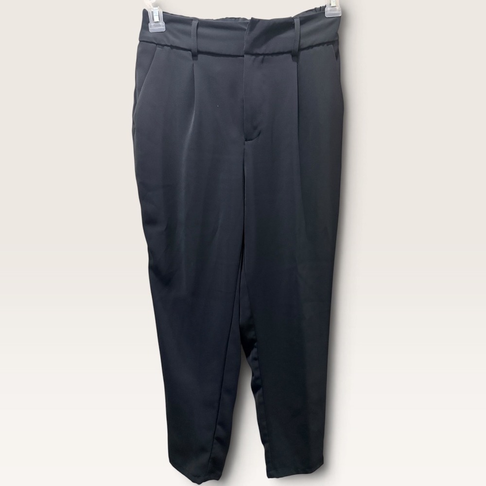 Black High Waisted Pleated Tapered Trousers Dress Pants Elastic Back Waist
